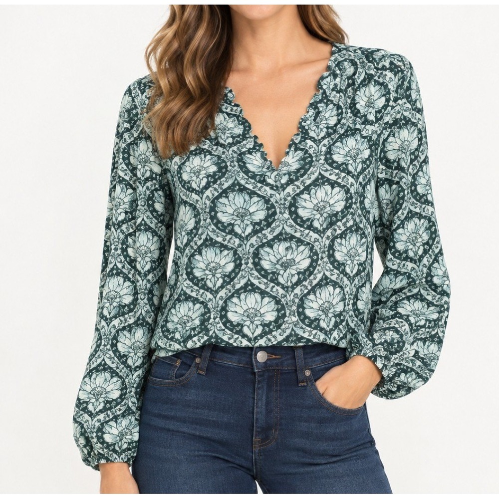 White House Black Market Blouse Women L Mint Green Damask Print Long Sleeve Top